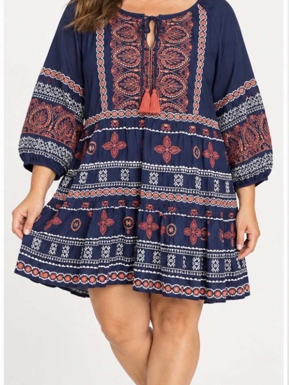 Aveology Navy Cotton Embroidered Boho Mini Tunic Dress, Coral Accents, Size 14